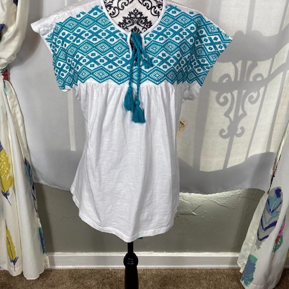 Keep in Touch white tank top with turquoise embroidery tassel tie boho summer
